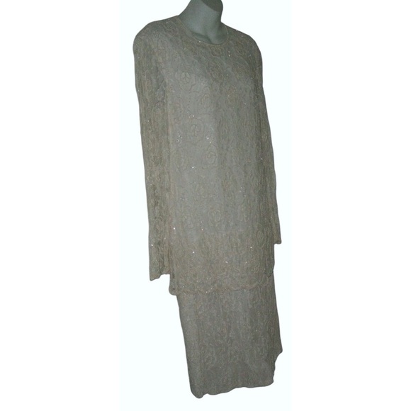 Adrianna Papell Boutique Dress Vintage 90's Beaded Pearl Lace Flapper Cottage Di - Picture 2 of 16